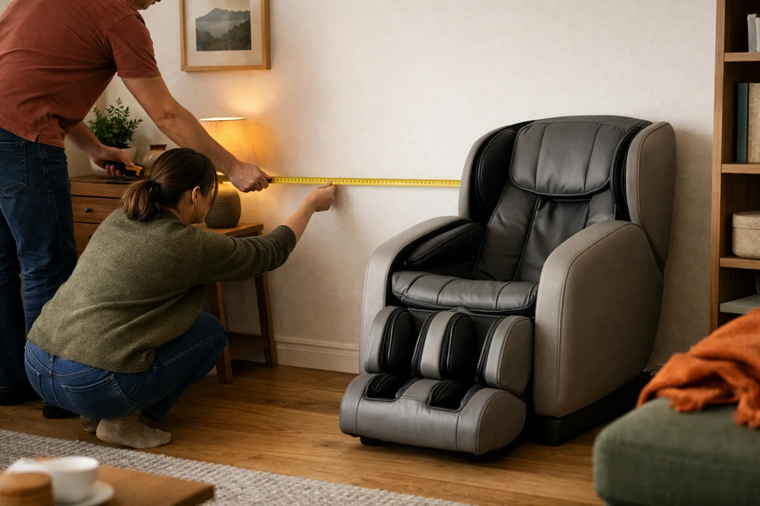 Kompakt massagefåtölj med måttband mot väggen.