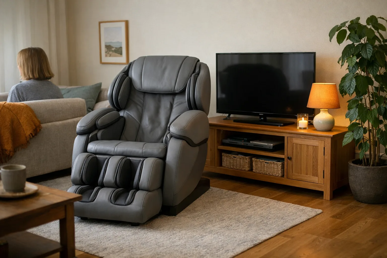 Massagefåtölj framför en TV-bänk och växt.