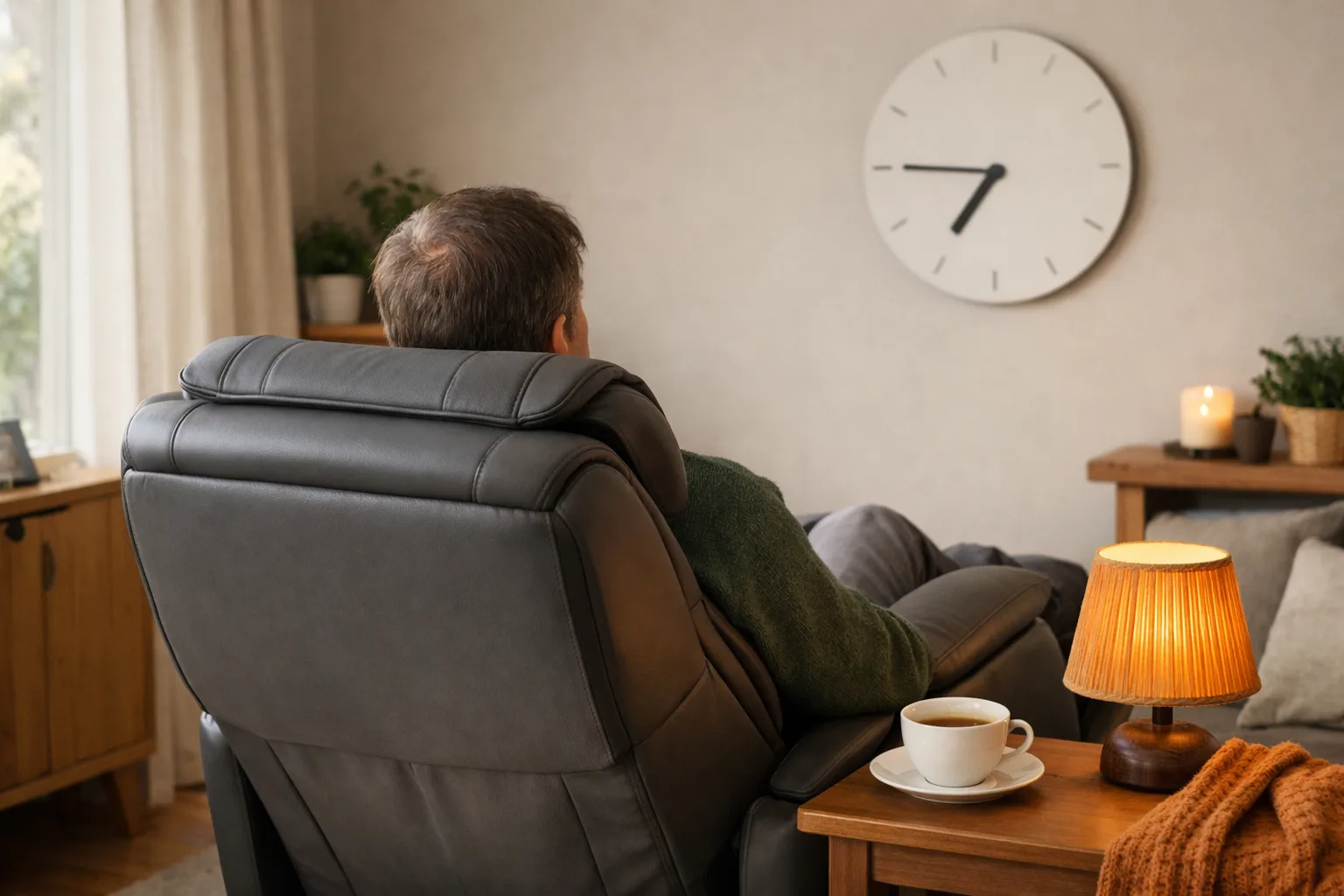 Man i grå massagestol i ett vardagsrum med en klocka på väggen och en kopp te på bordet bredvid