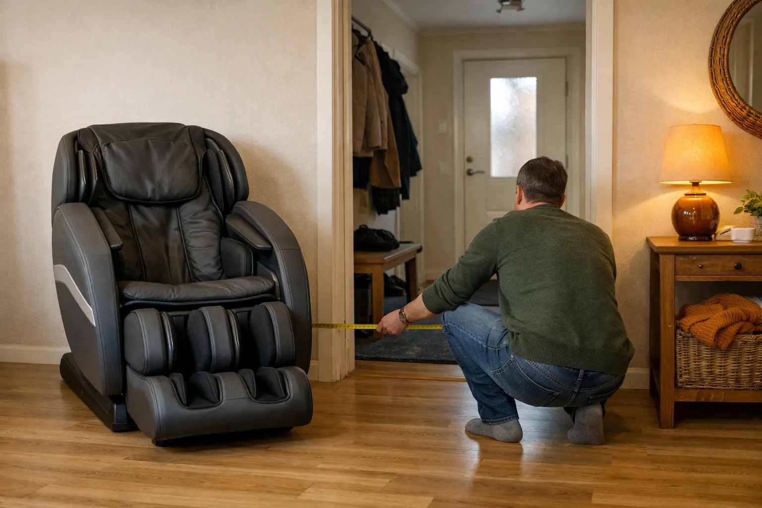 En man mäter dörröppning och golv med måttband bredvid en massagestol i hallen