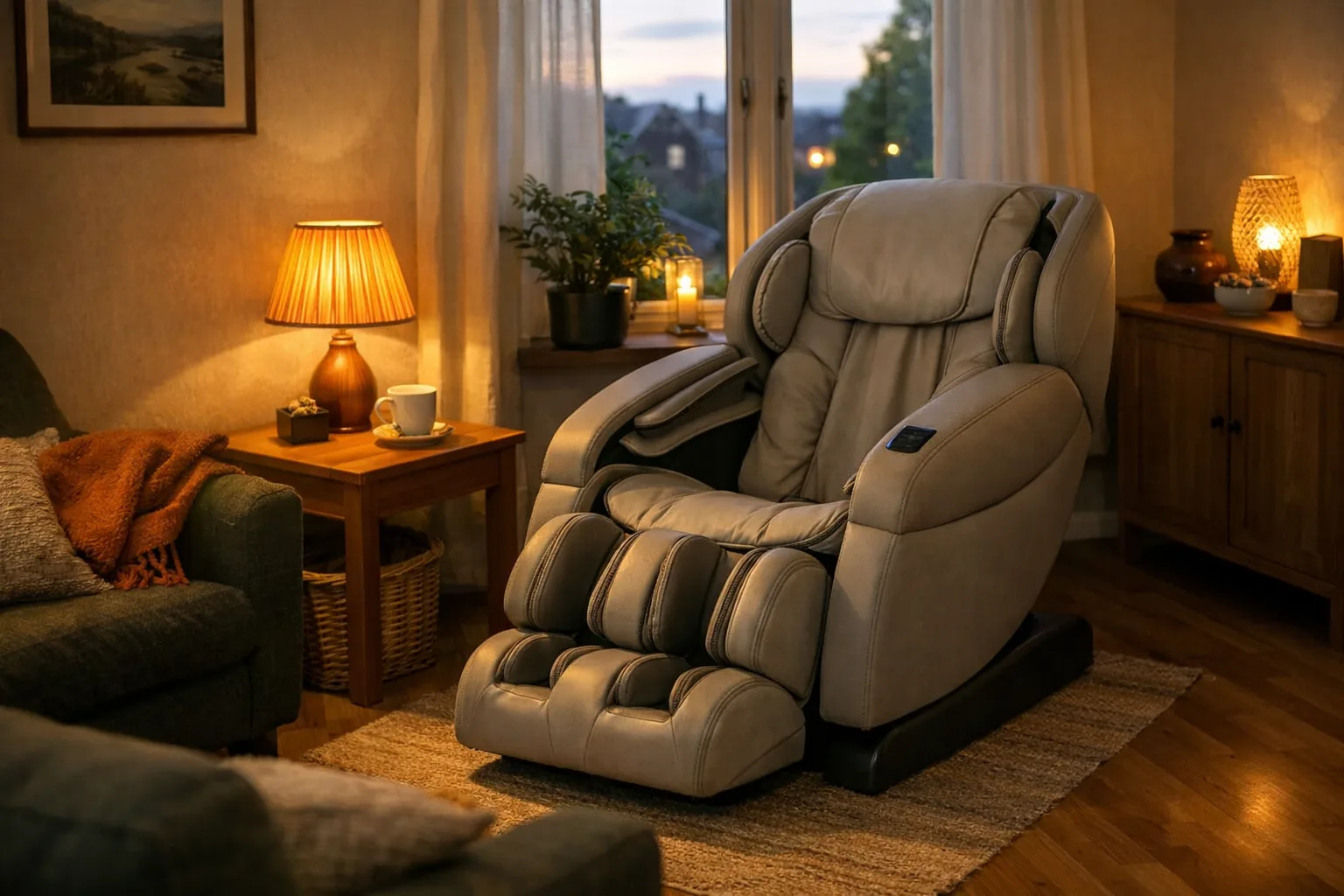 Massagefåtölj i ett vardagsrum i kvällsljus.